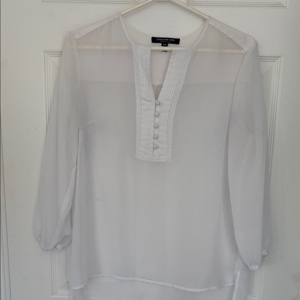 Jones New York Sheer White Blouse with Button Accents